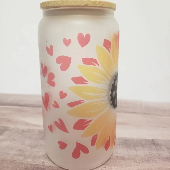 Sunflower‎ hearts doodle art custom frosted glass cup with lid and straw 16oz - Picture 4 of 4